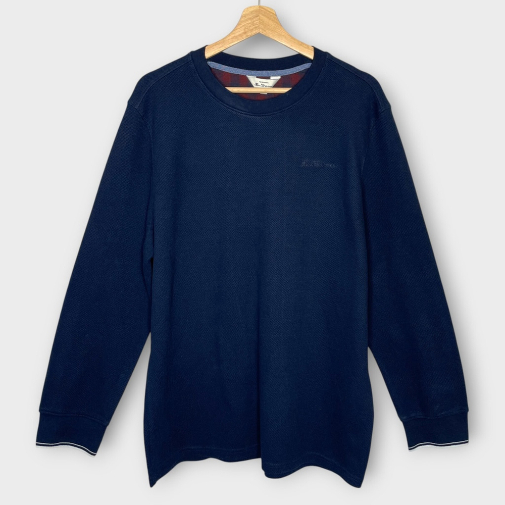 🦜 Ben Sherman Thermal Waffle Top Mens XL Blue Crew Neck Elbow Patches